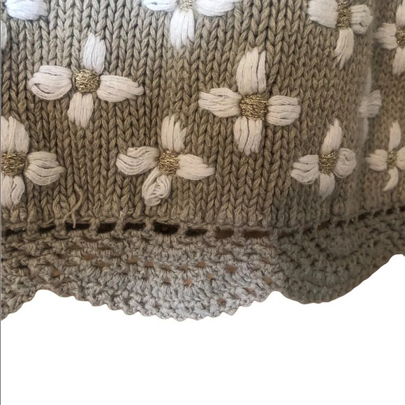 Vintage 90s tan cream Floral Fall Holiday Embroidered Knit sweater Gold poms - Picture 4 of 8